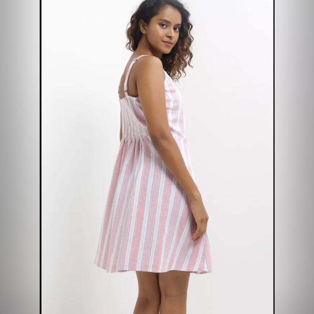 GAP Sleeveless V-Neck Button Front Linen Blend Pink & White Stripe Mini Dress- M - Picture 2 of 13